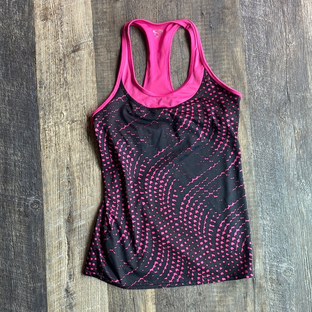 Black and pink workout tank top with shelf bra
